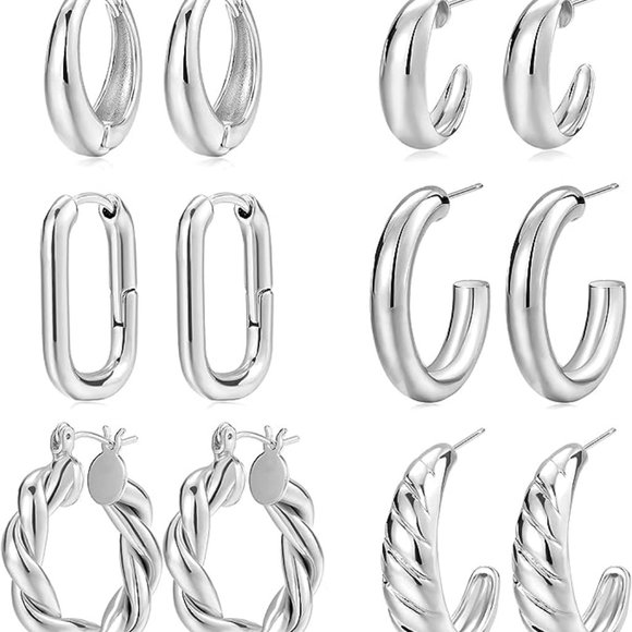 Jewelry Silver Hoop Earrings Set For Women 6 Pairs 14k Gold Plated Poshmark